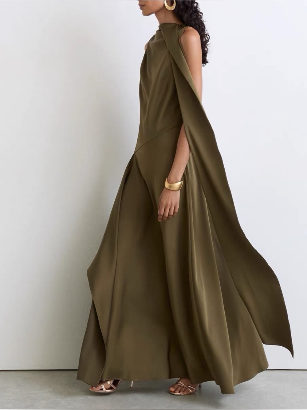 REISS Satin Maxi Dress With Cape Detail - Khaki Green, US4 6 8 10